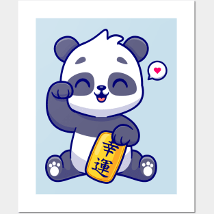 Cute Lucky Panda Holding Gold Coin Cartoon Posters and Art